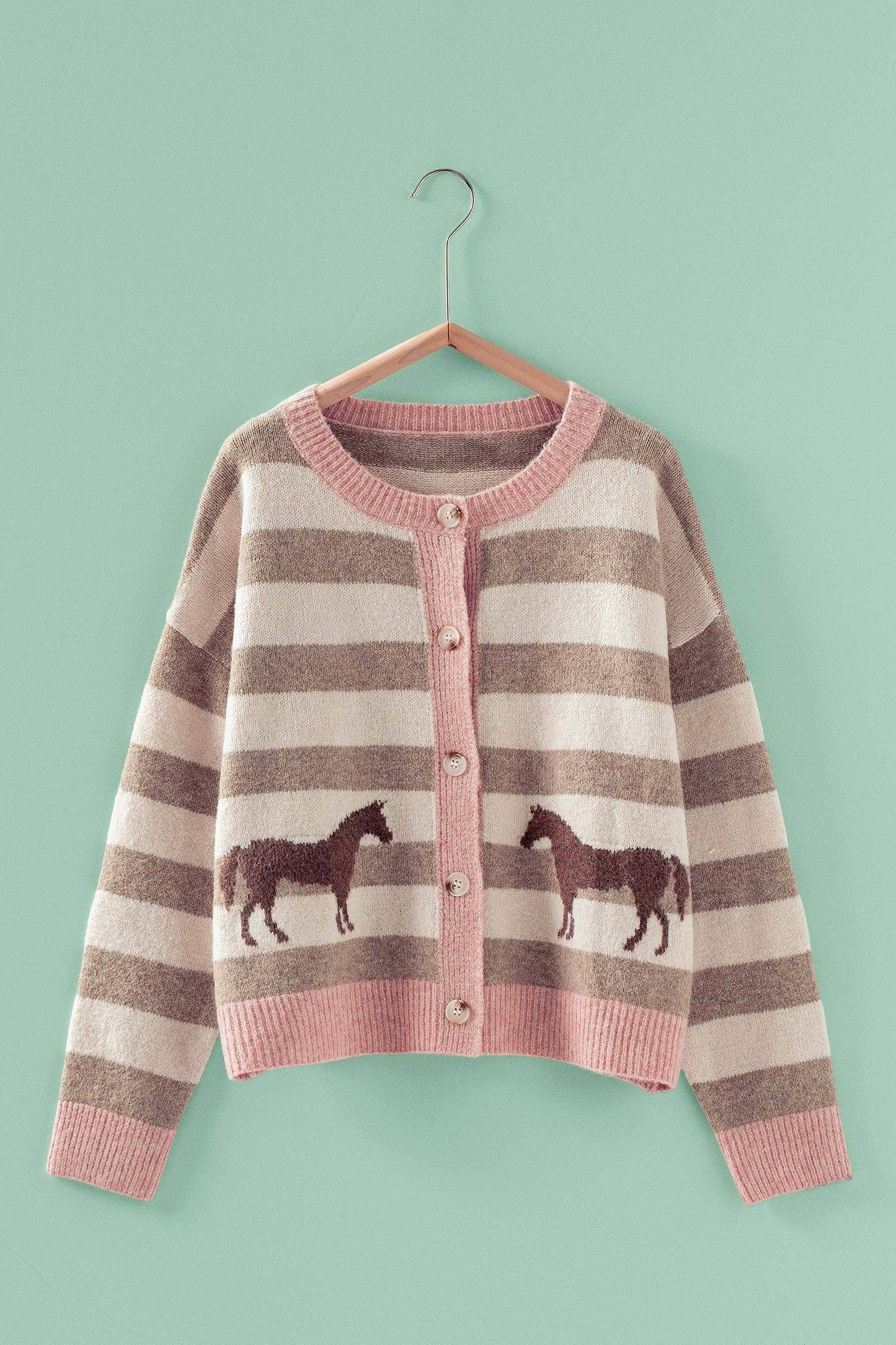 Horse Jacquard Striped Crew Neck Cardigan