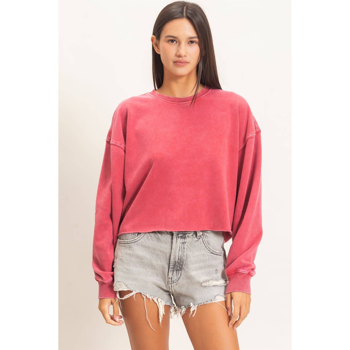 Mineral Wash Raw Hem Cropped Sweatshirt