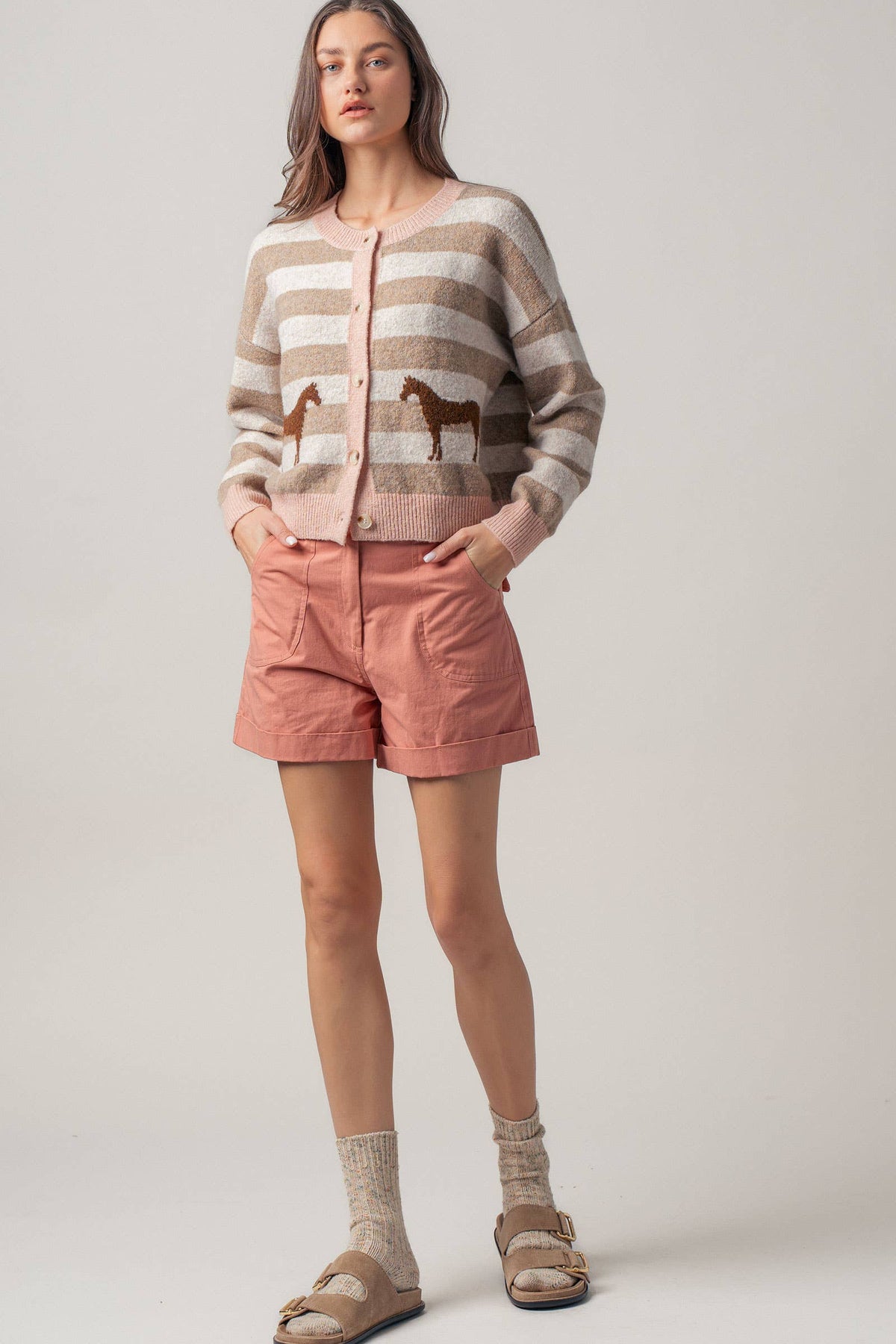 Horse Jacquard Striped Crew Neck Cardigan
