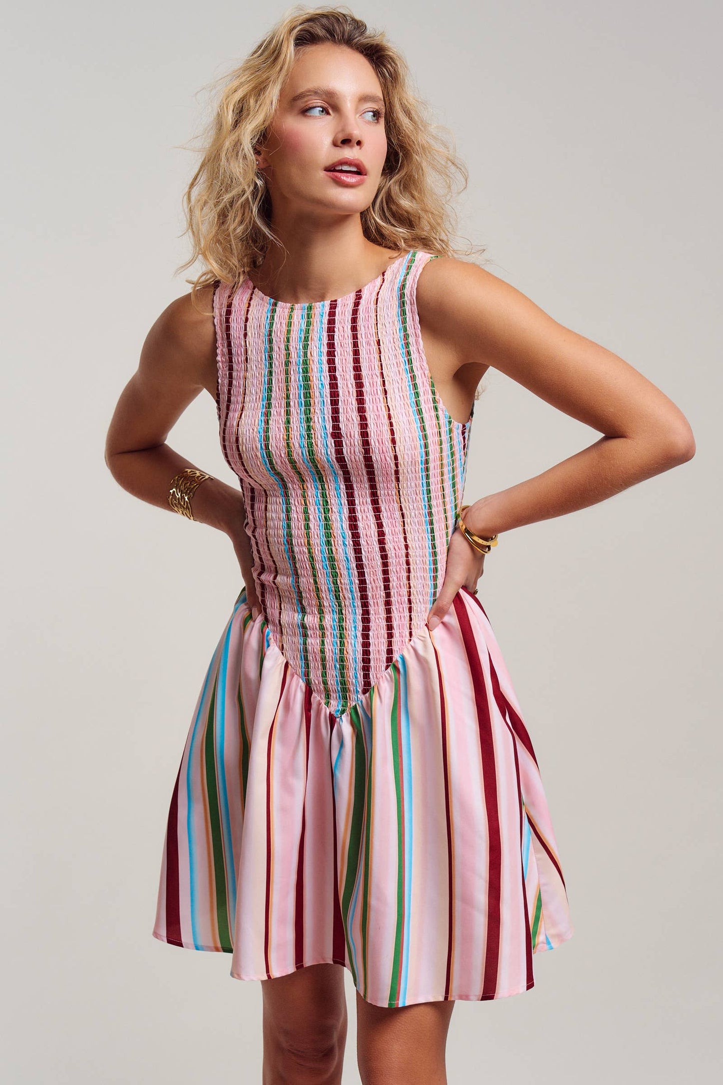Sorbet Stripe Smocked Bodice Sleeveless Mini Dress