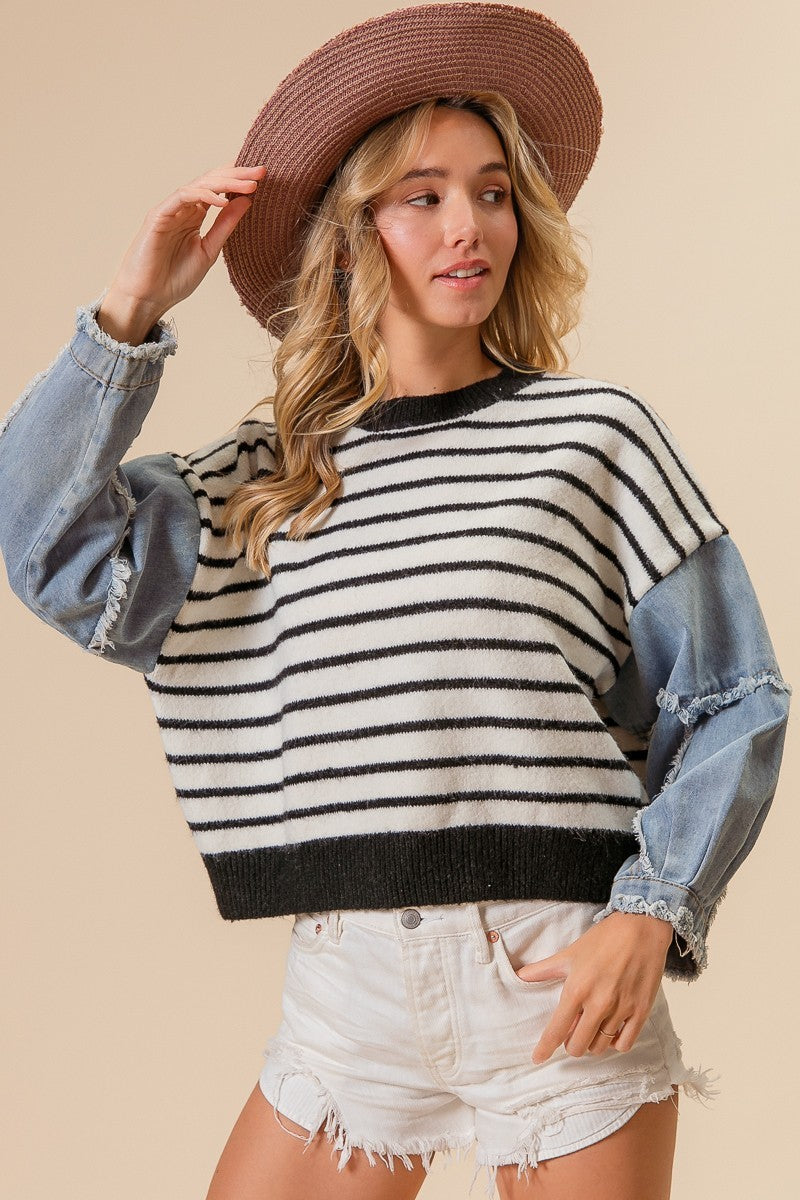Denim Sleeve Striped Sweater