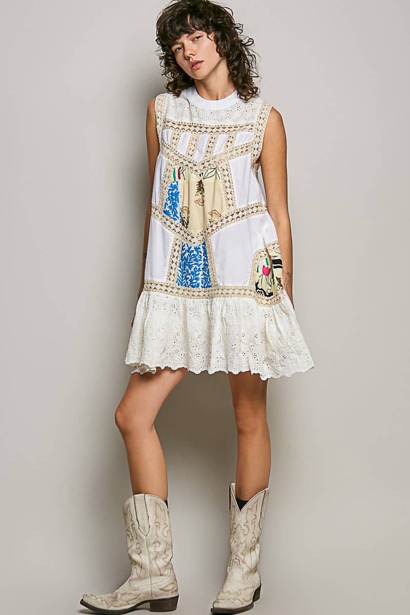 Boho Printed Scalloped Edge Eyelet Lace Mini Dress