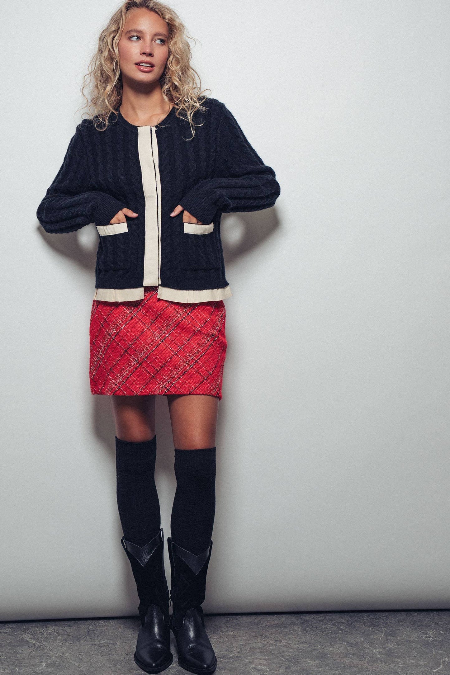 Tweed Plaid with Gold Heart Pocket Mini Skirt
