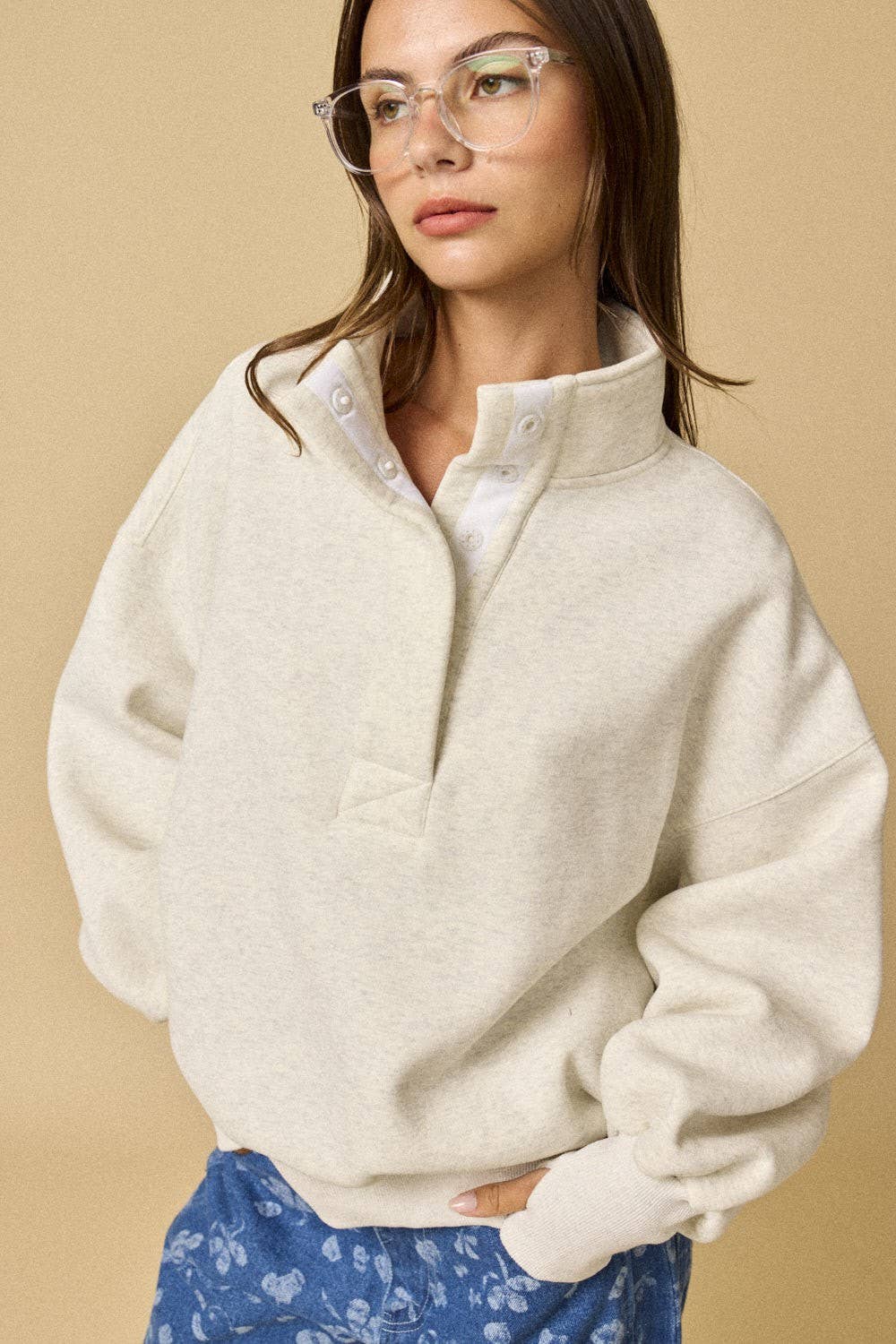 High Collar Half Button-Up Relaxed Fit Pullover