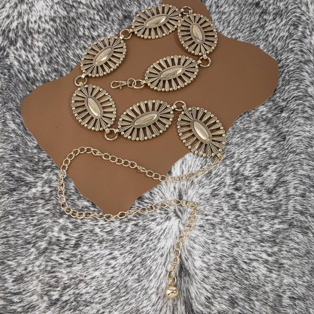 Crystal Studded Openwork Oval Concho Chain Belt