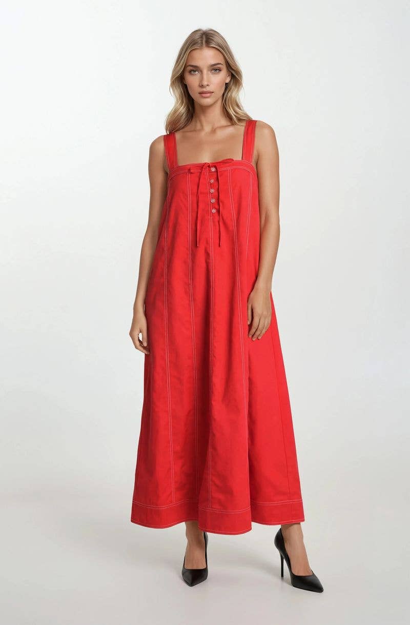 Red Button Detail Midi Dress
