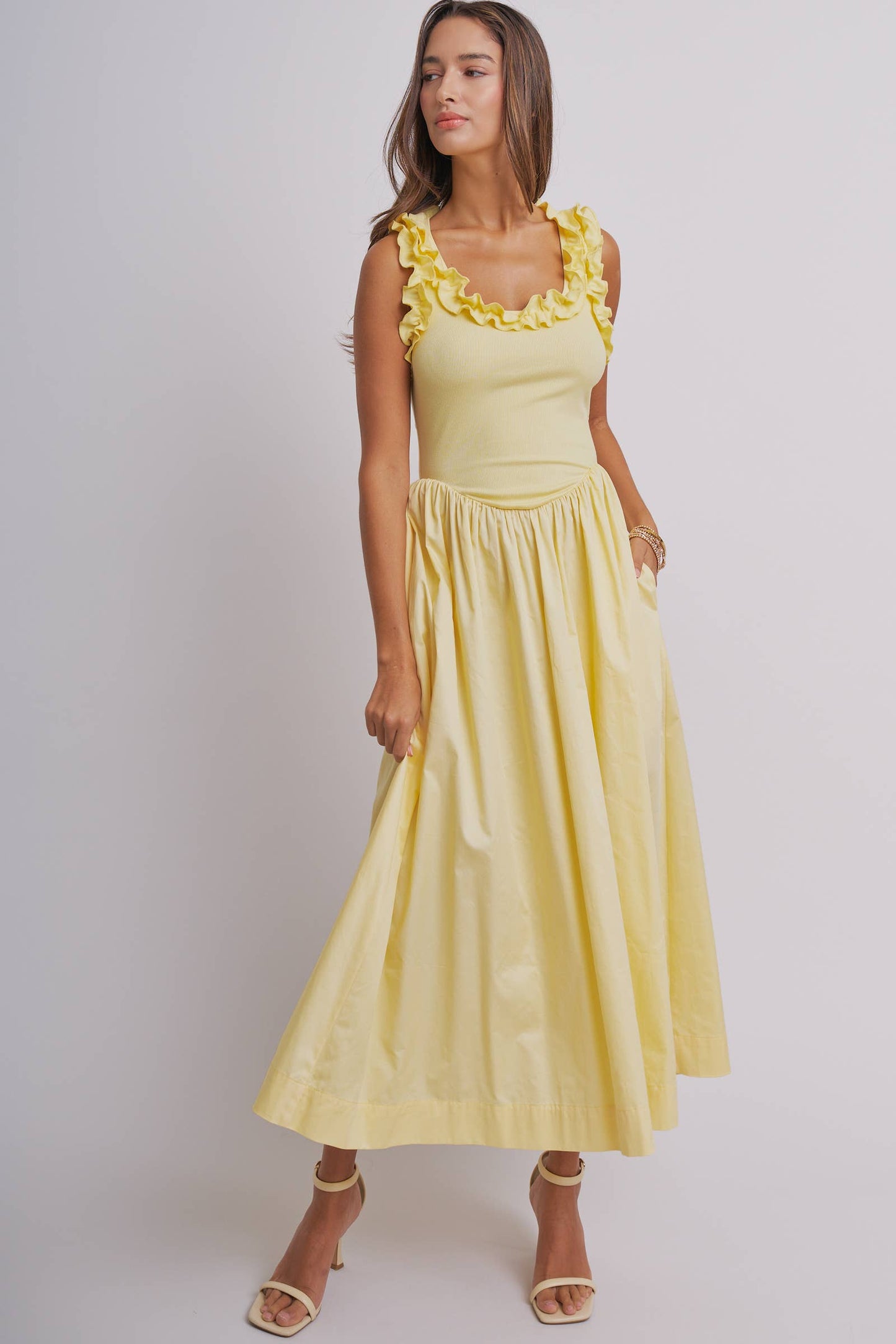 Ribbed Knit & Poplin Drop Waist Midi Dress