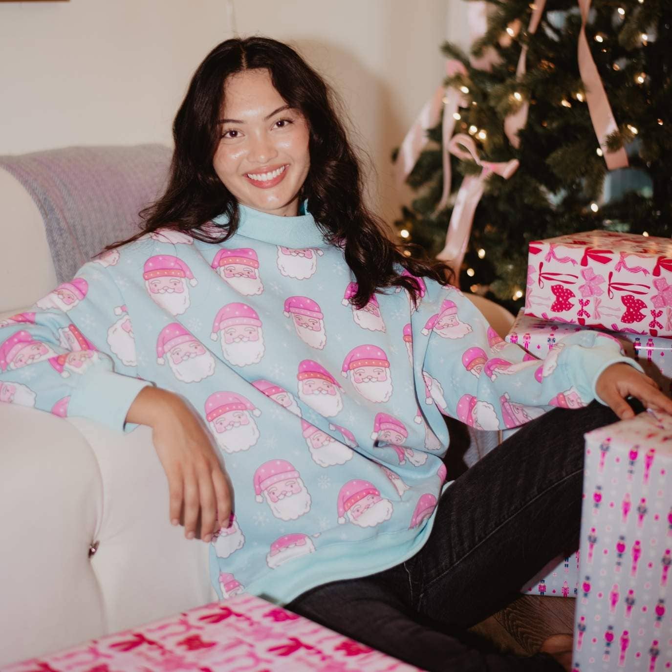 Pink Santa Faces All Over Print Christmas Sweatshirt