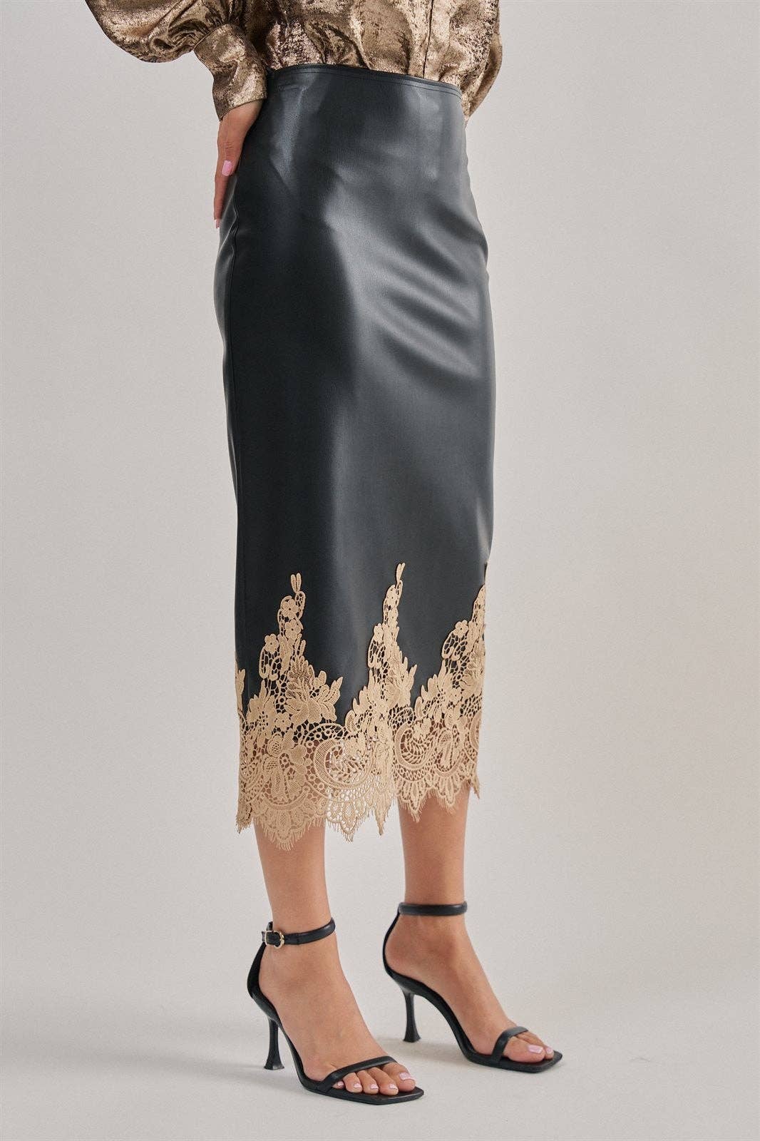 Faux Leather Midi Skirt with Lace Hem