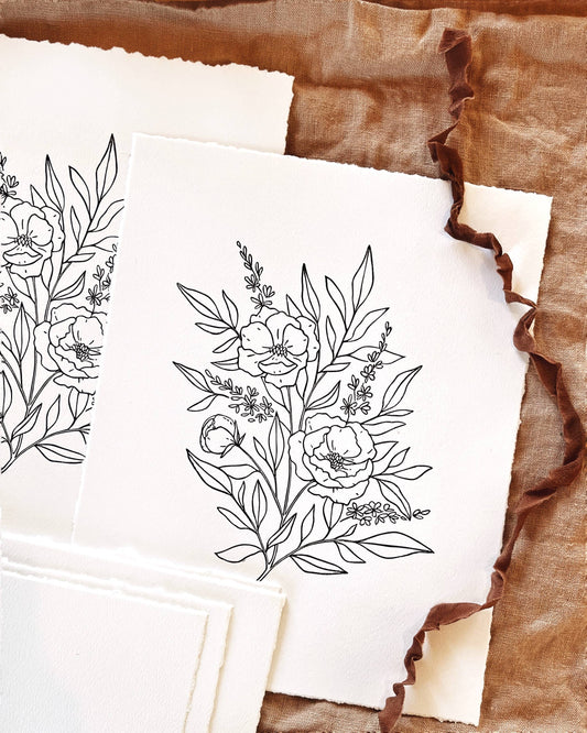 8x10 framed Flourish Floral Block Print on Handmade Paper
